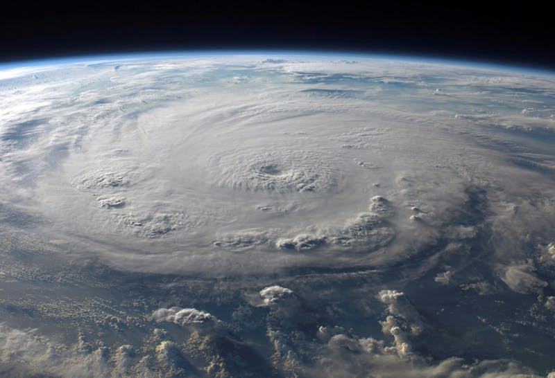 This is an image of a huge hurricane seen from space. You can see the eye of the storm right in the center, with the clouds swirling around it.