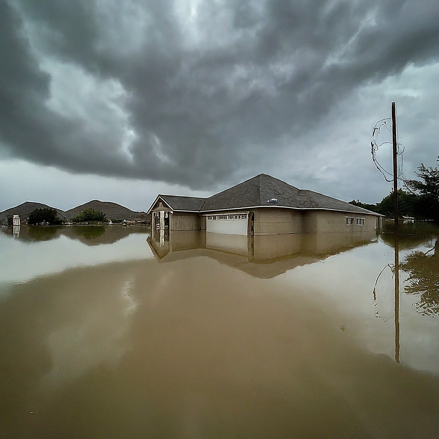 This image shows a house almost halfway underwater due to flooding. The floodwater is murky and covers the entire area around the house. Dark, stormy clouds fill the sky, indicating that there's been heavy rain recently. 