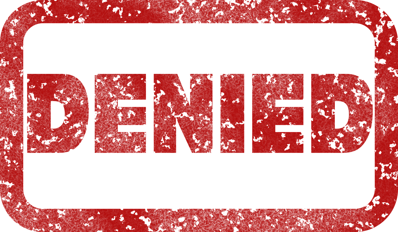 The image shows the word DENIED in bold, red, capital letters with a distressed texture, enclosed in a rectangular border. The style of the text and border resembles a rubber stamp, giving the impression of a rejection or refusal.