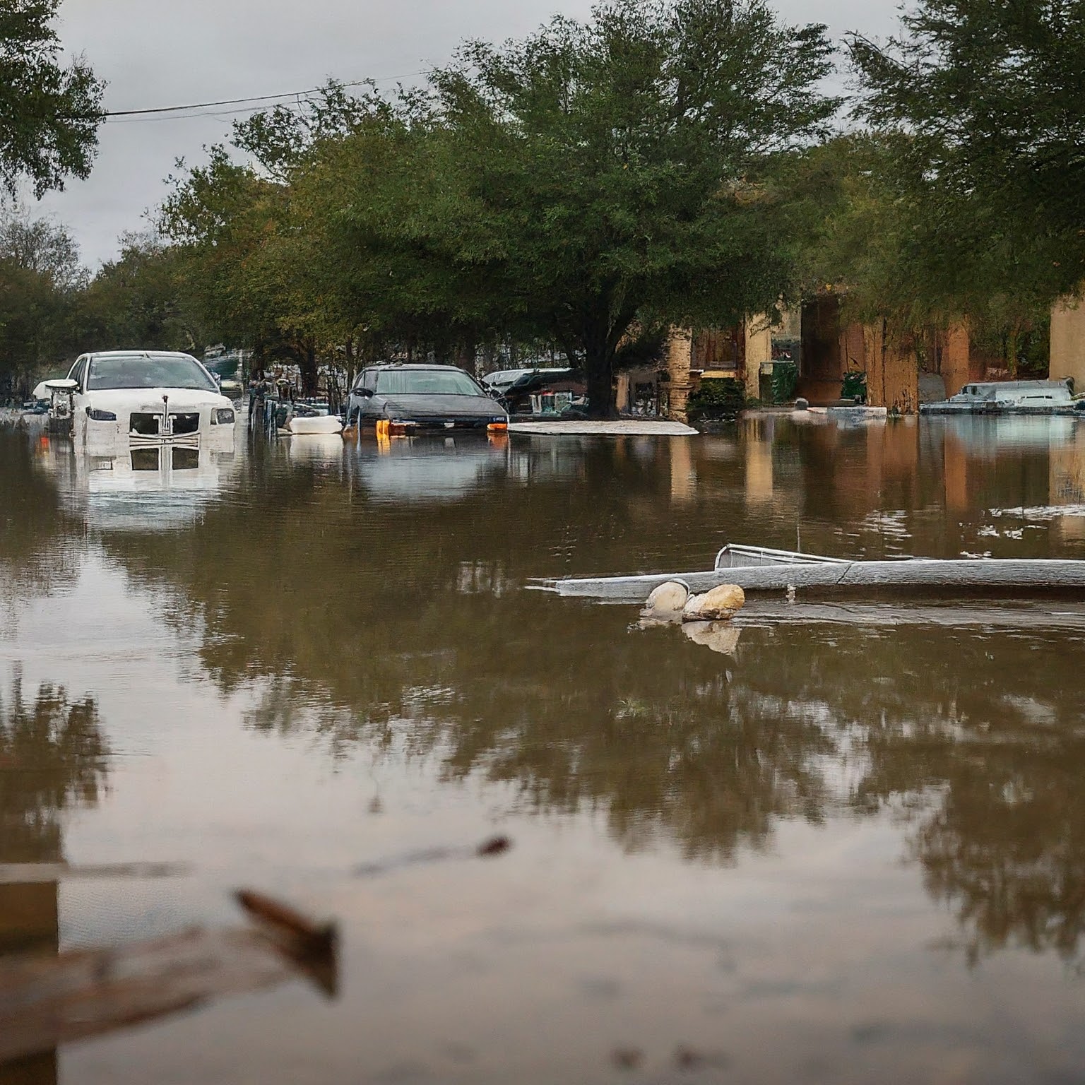 This image shows cars almost halfway underwater on a flooded street. The water is covering most of the tires and even some of the lower parts of the cars. 