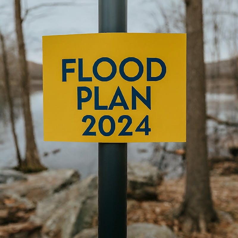 The image shows a bright yellow sign with bold blue text that reads FLOOD PLAN 2024. The sign is attached to a pole, and the background features a natural setting with trees and a body of water, possibly a river or lake, suggesting an area prone to flooding.