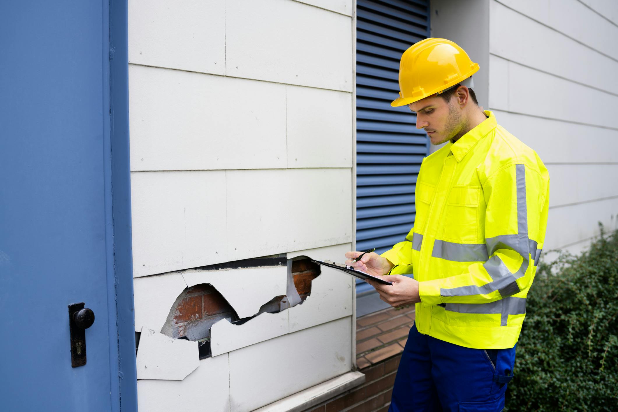 Person inspecting a damaged house