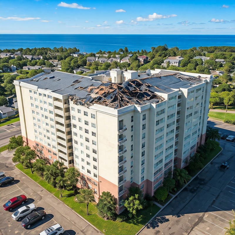 A multi-story building with extensive roof damage.