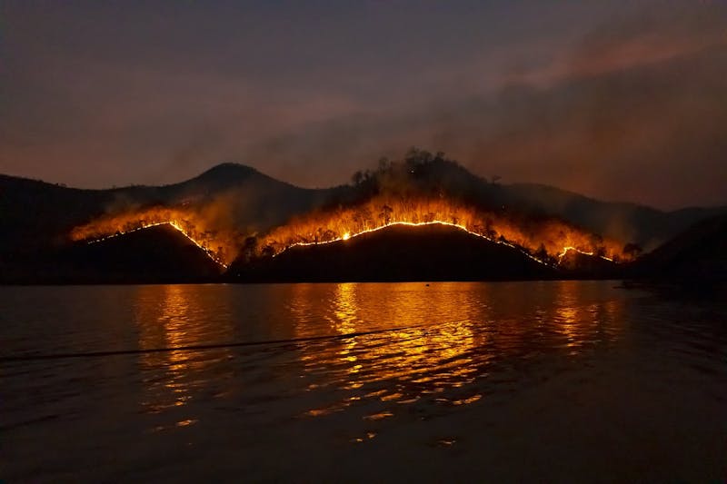 A panoramic view of a forest fire burning along a mountainside at night.