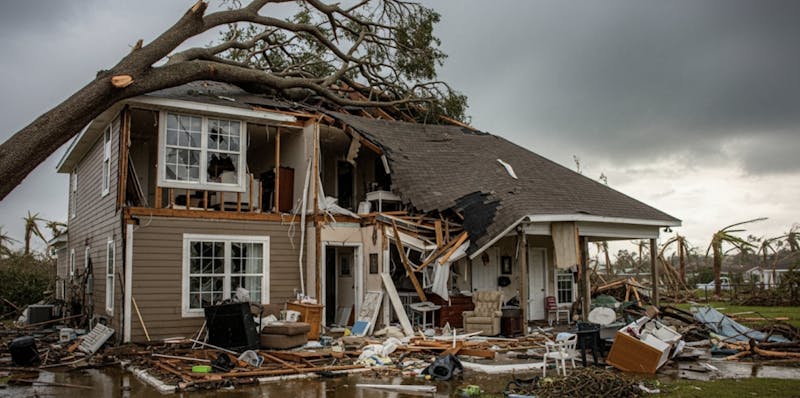 Two-story home severely damaged by a storm, with a large tree fallen on the roof and debris scattered around.