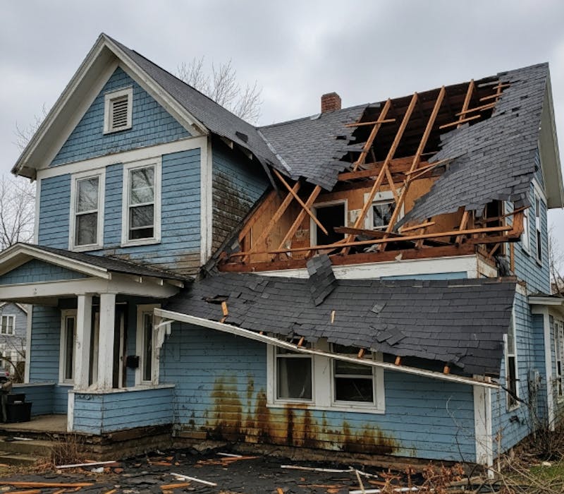 Two-story blue house with severe roof damage, missing shingles, and exposed wooden beams after a storm.