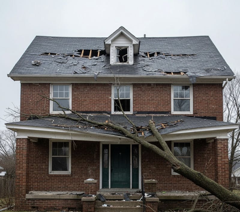 Brick house with a damaged roof and a fallen tree leaning against the front porch after a storm.