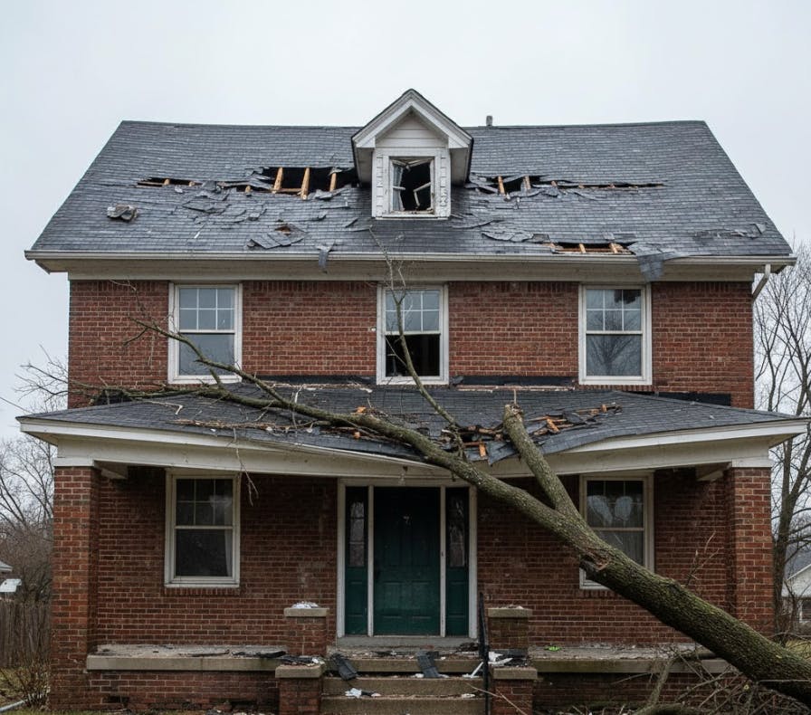 Brick house with a damaged roof and a fallen tree leaning against the front porch after a storm.