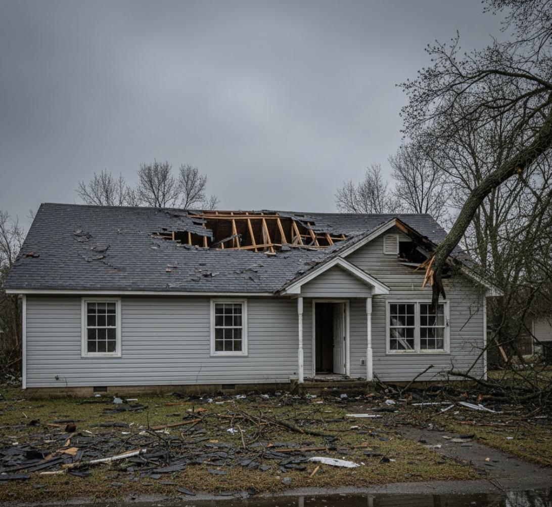 Single-story house with a large section of the roof torn off and debris scattered on the ground after a storm.
