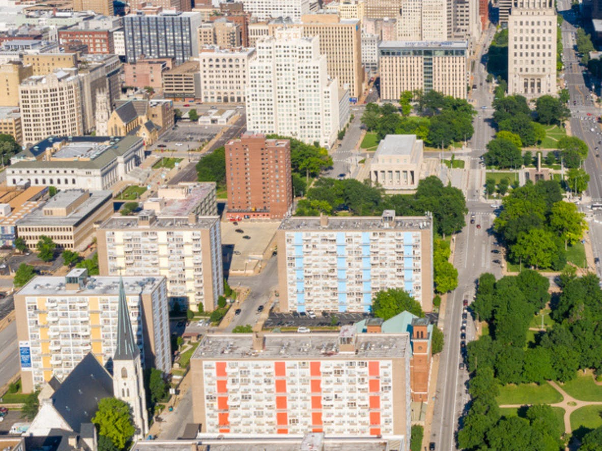 Aerial view of St. Louis, Missouri on a spring day.