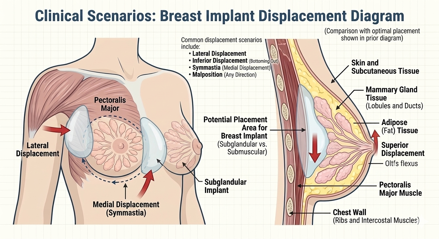 Medical diagram showing breast implant displacement scenarios including lateral displacement, inferior displacement, and symmastia.