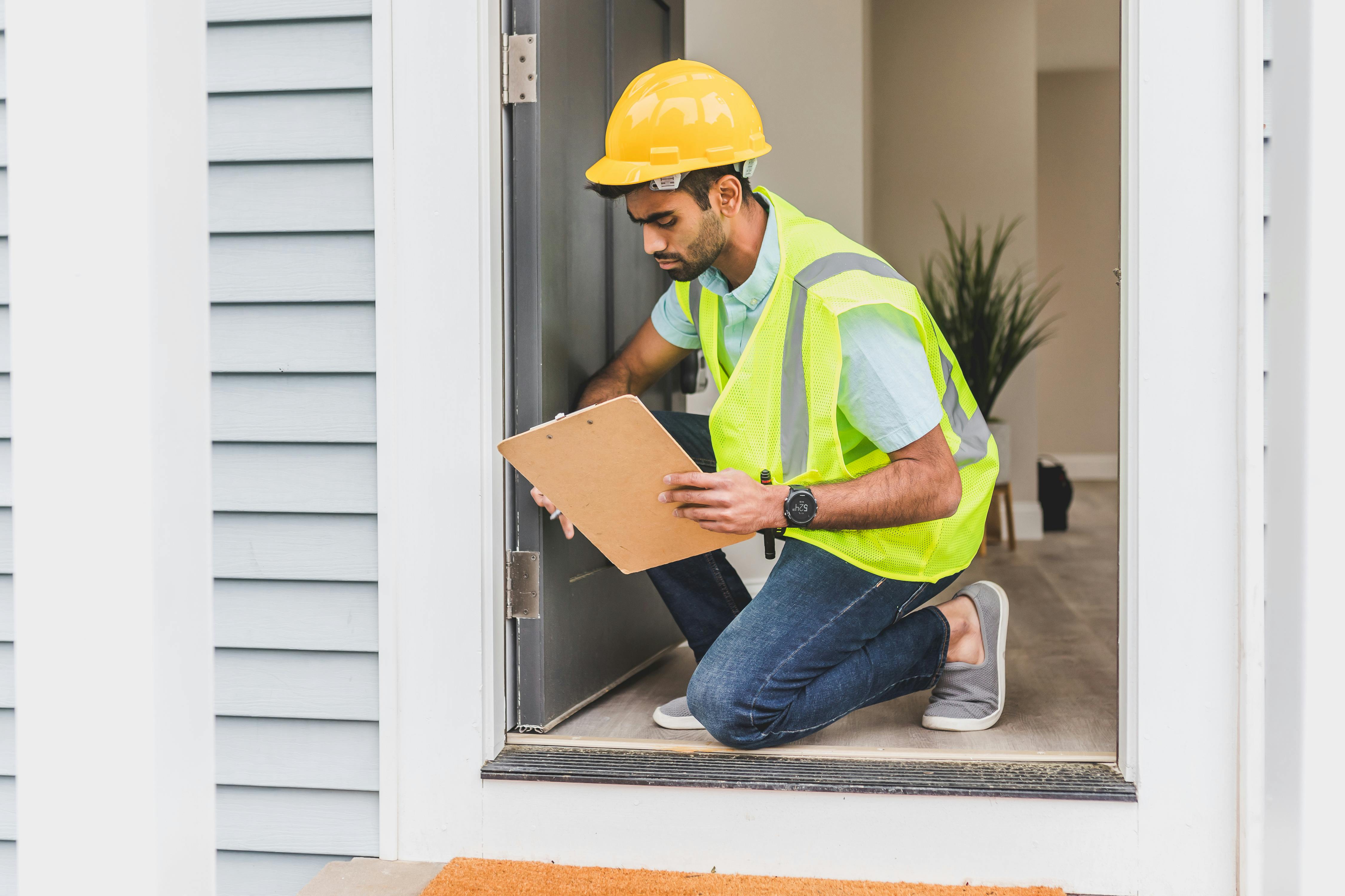 A construction worker looking at door
