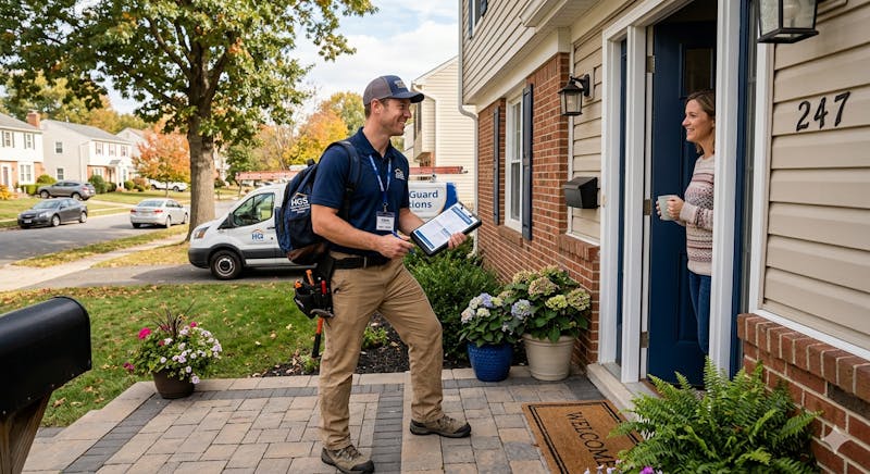 Contractor speaking to homeowner at the front door in a neighborhood