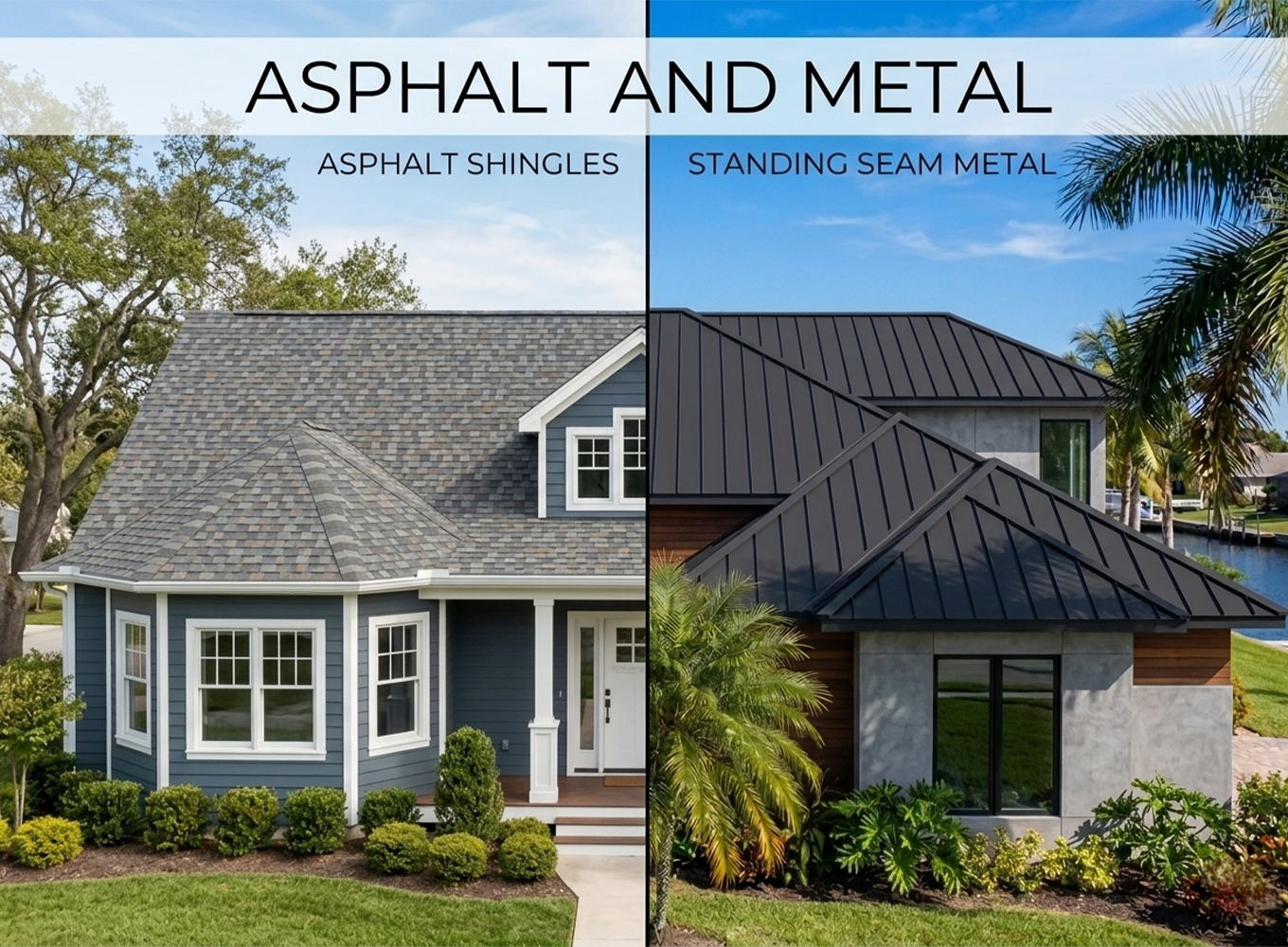 Comparison of asphalt shingle roof and standing seam metal roof on homes