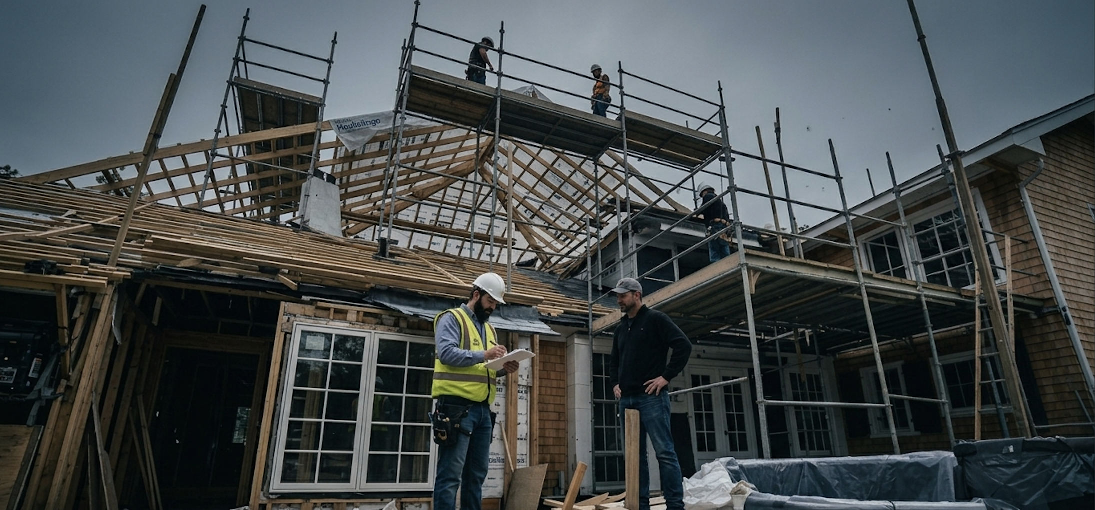 Construction site with workers, exposed framing, and materials during active building phase.