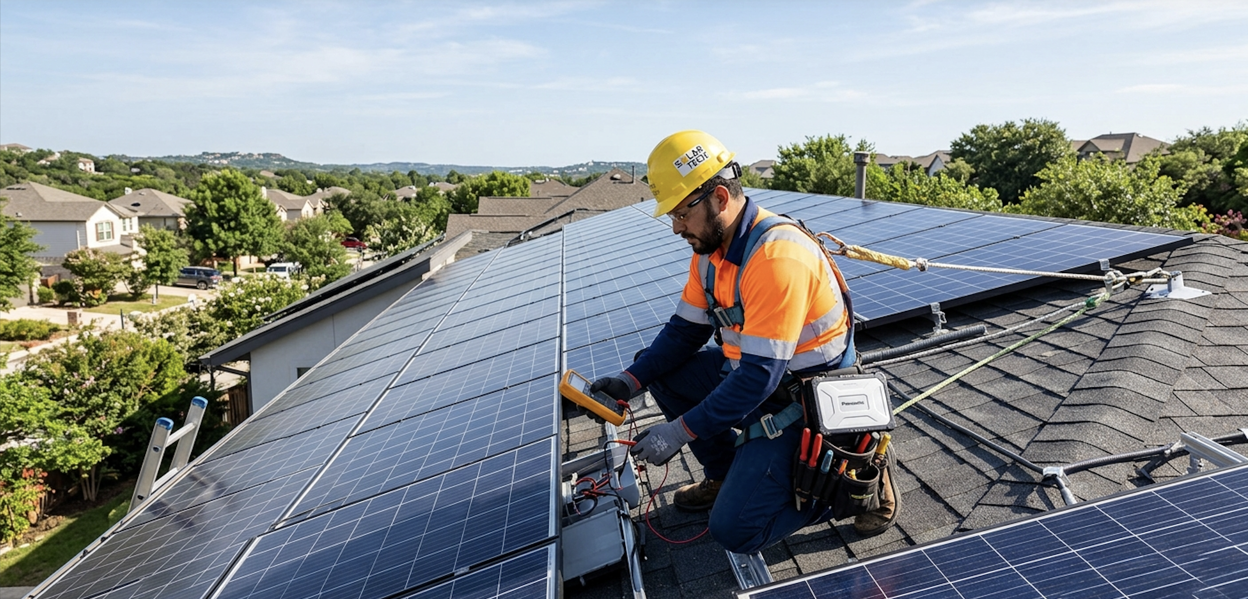 Solar technician inspecting residential solar panels on a rooftop as homeowners evaluate their solar investment system.