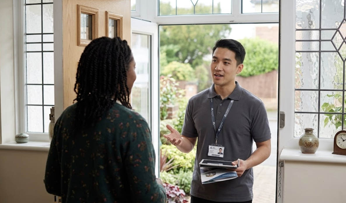Solar sales representative speaking with a homeowner at the front door during a residential consultation about solar panel installation.
