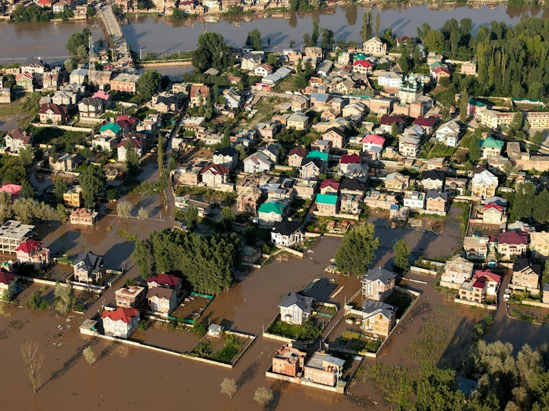 Flooded homes after severe hurricane storm damage