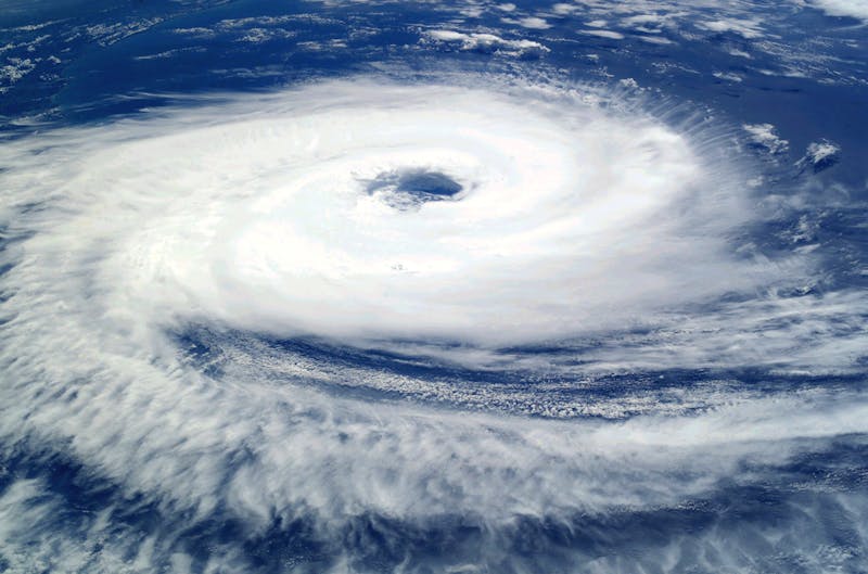 Satellite view of a powerful hurricane over the Atlantic Ocean during hurricane season.