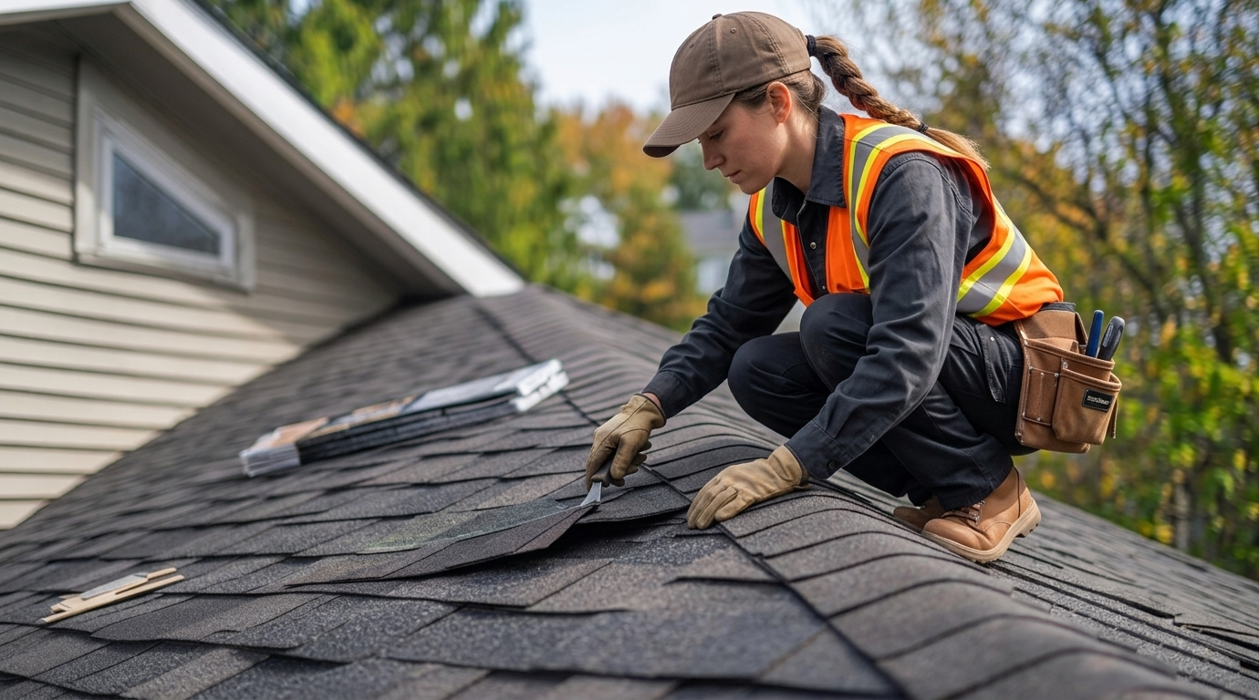 Roof inspector documenting roof conditions during a property inspection before severe weather season.