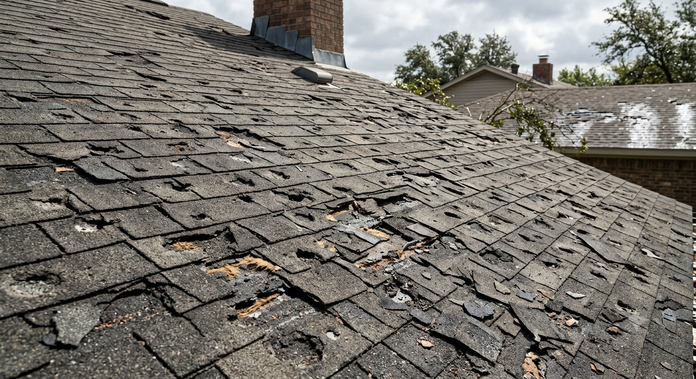 Roof with damaged asphalt shingles after a severe hailstorm, showing signs of large hail and wind damage.