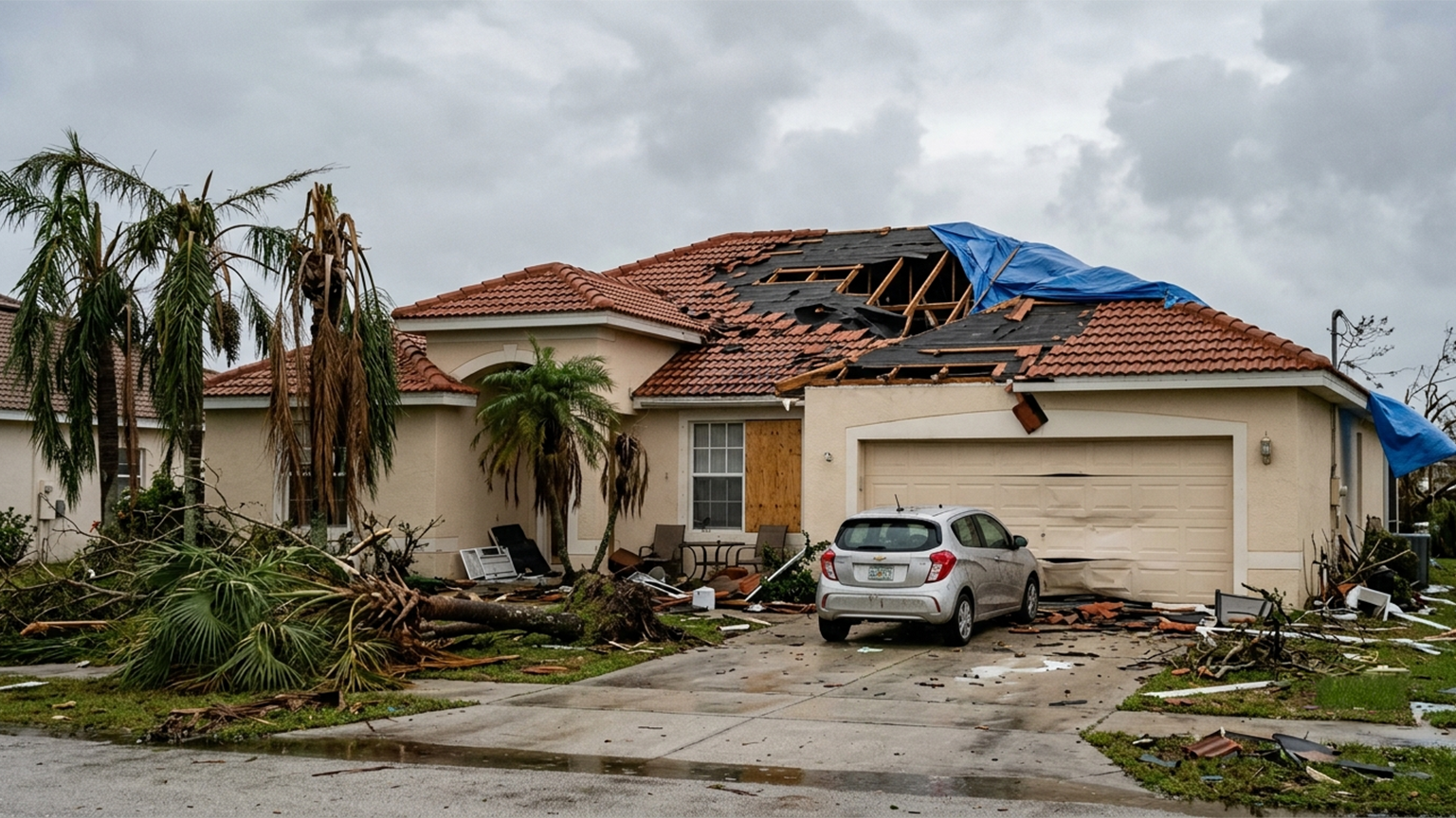 Florida home with roof damage after a hurricane, illustrating the storm risks that continue to affect homeowners' insurance costs.
