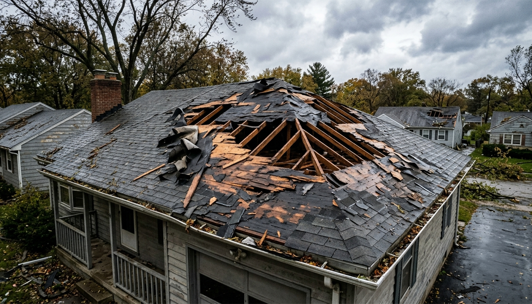 Severe wind damage to a residential roof with missing shingles and exposed roof decking after a powerful storm.
