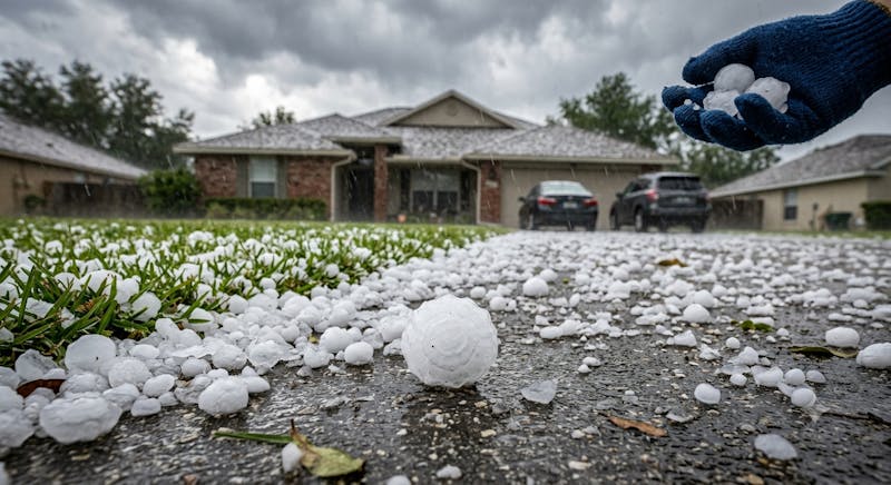 Large hailstones covering a residential driveway during a severe thunderstorm with dark storm clouds overhead.