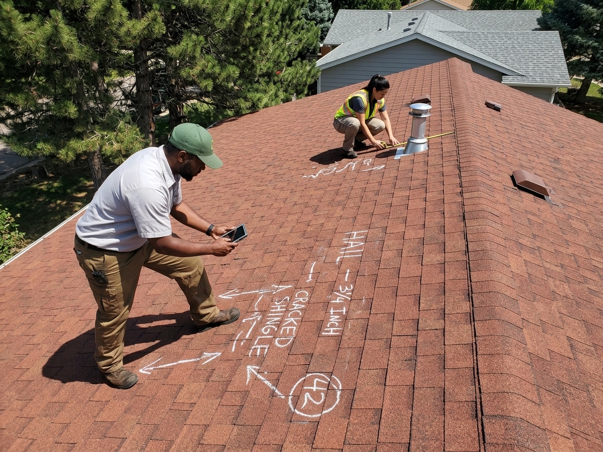 Roof inspectors documenting possible hail and storm damage on a residential roof.