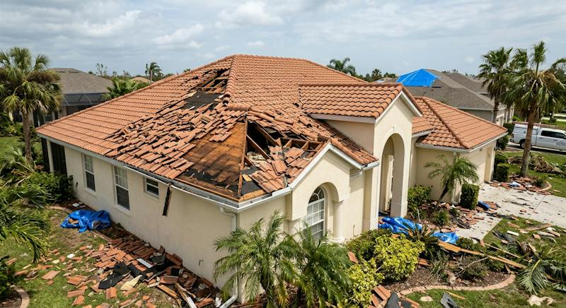 Florida home with severe roof damage after a storm