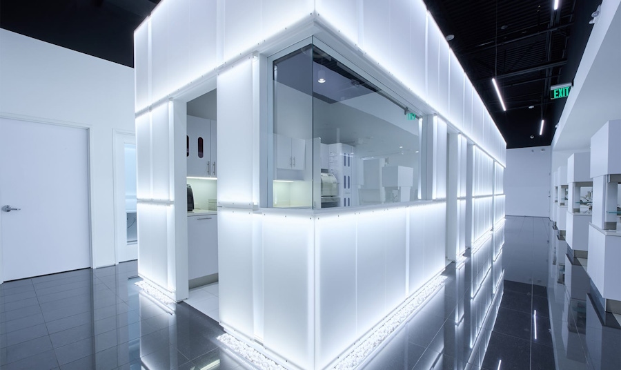 white glowing walls with black ceiling and flooring