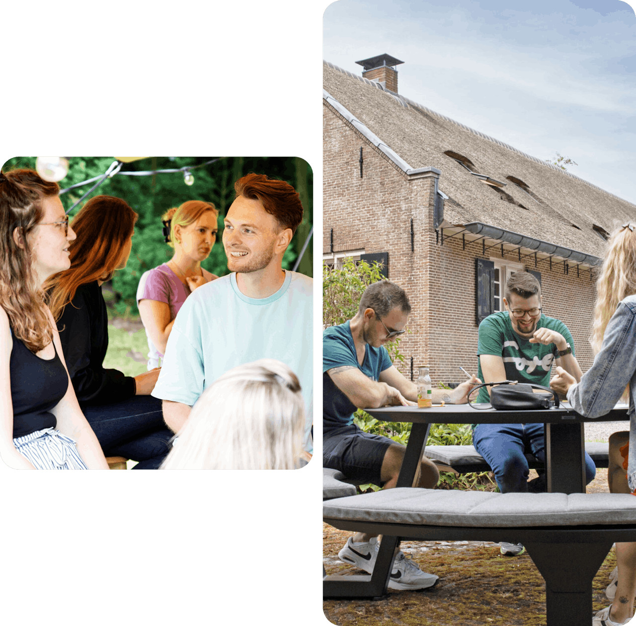 a grid of 2 images showing people socializing