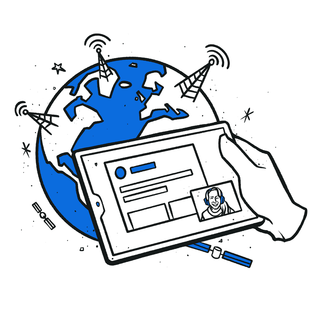 Hand holding tablet with globe on the background
