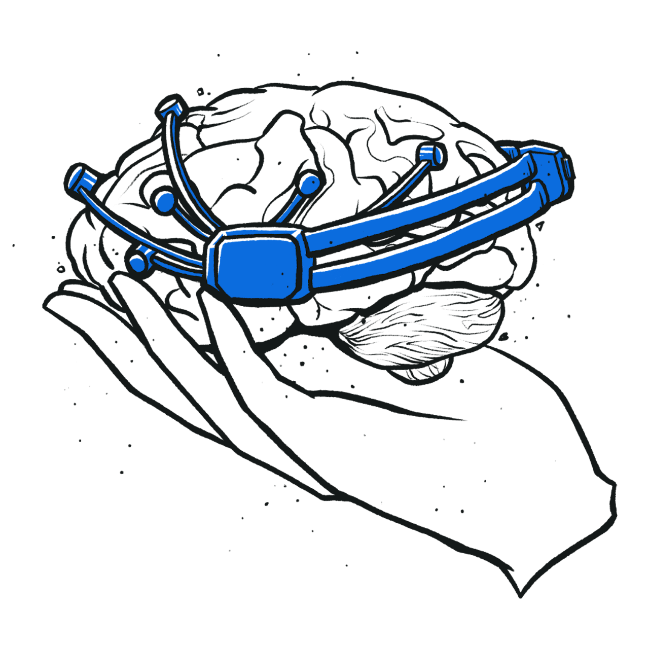 Illustratie hand met hersenen en een elektronische headset