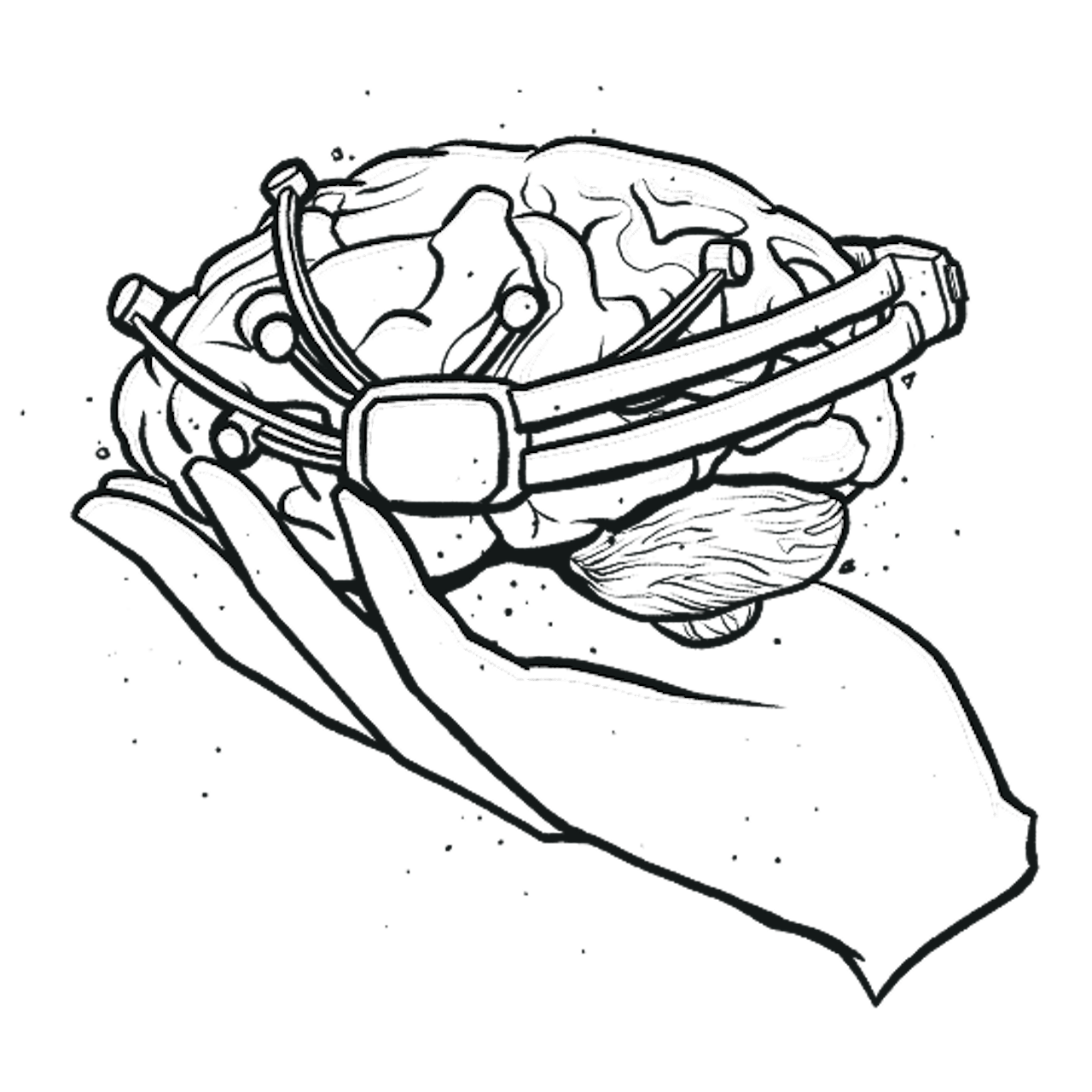 Illustration hand holding brain with headset