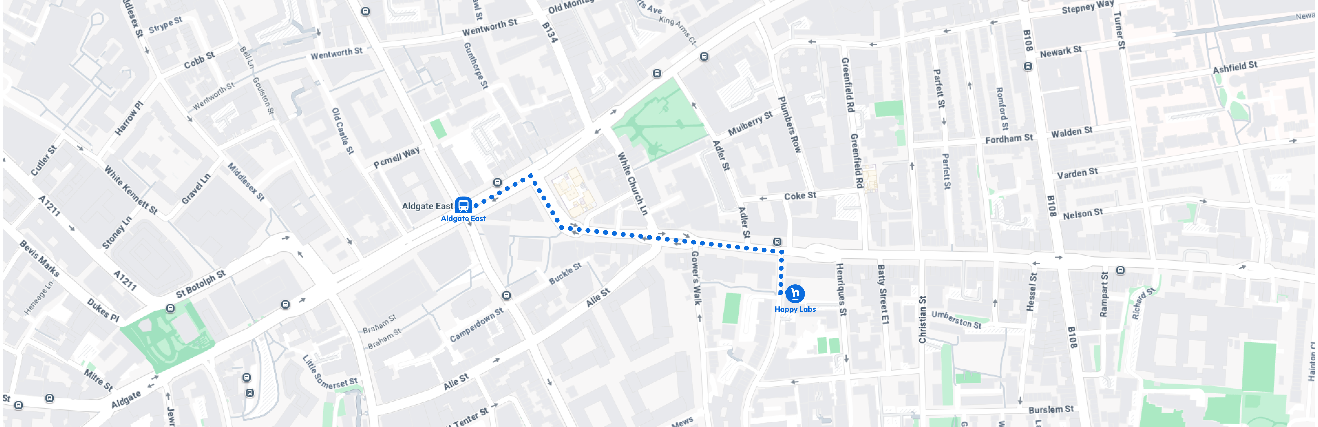 Map with route from Aldridge East to Happy Labs