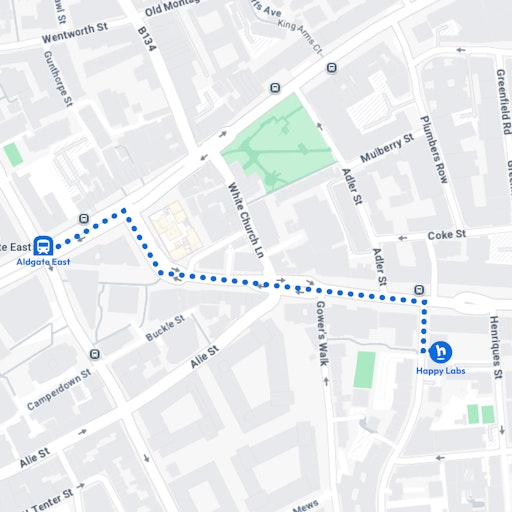 Map with route from Aldridge East to Happy Labs