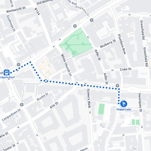 Kaart met route van Aldridge East naar Happy Labs
