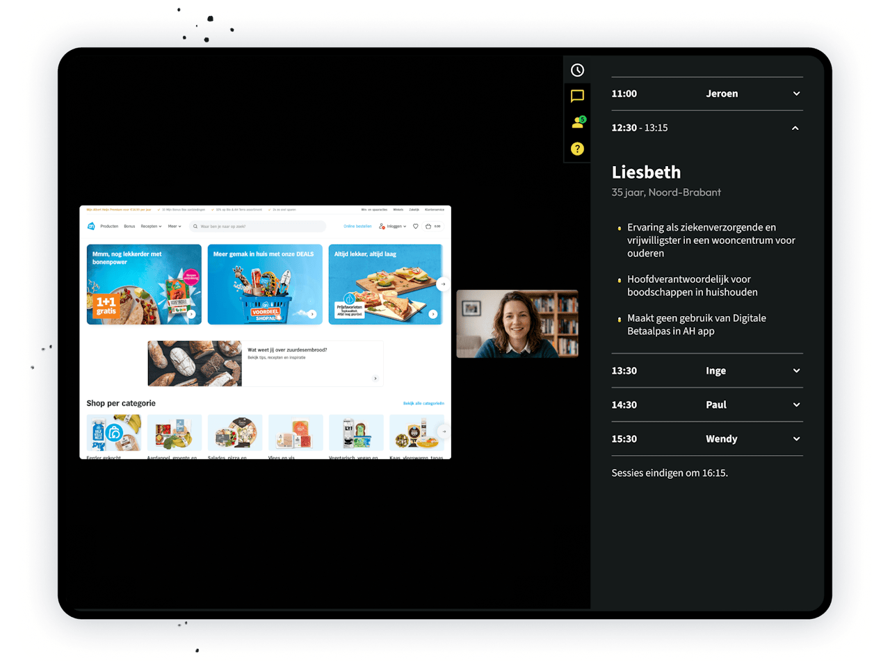 Live meekijken bij een UX Test met rooster en profiel van respondent