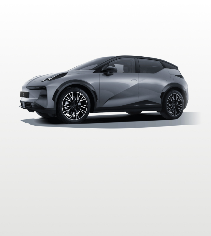 Zeekr X luxury electric SUV in Grid Grey, featuring a streamlined profile, black roof, and contemporary alloy wheels on a white background