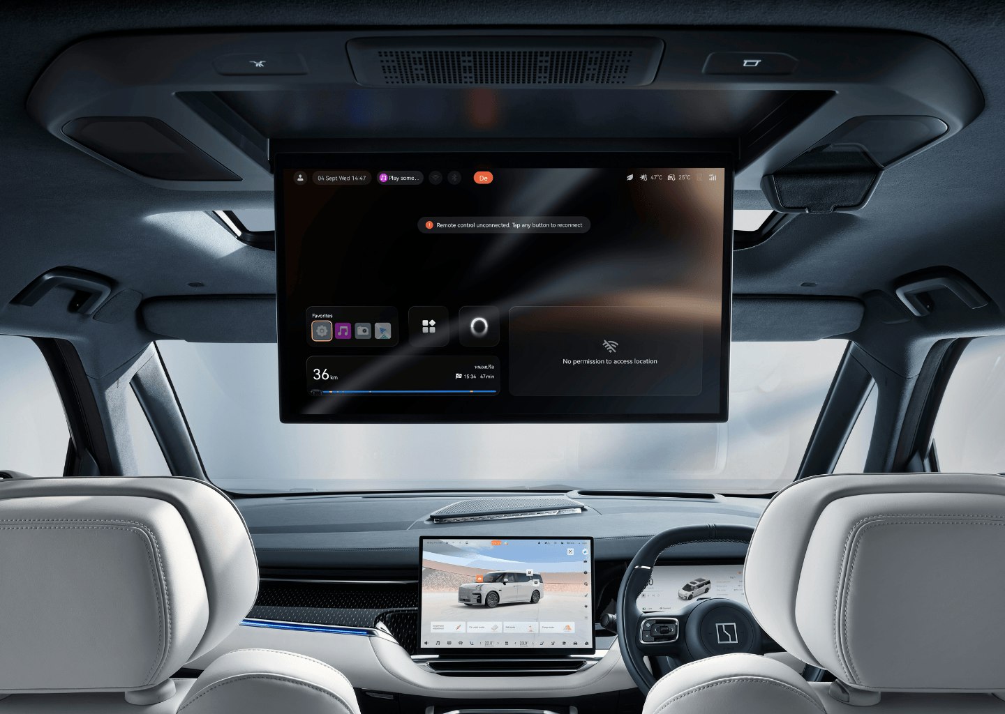 Advanced Rear Entertainment in the Zeekr 009 Interior view of the Zeekr 009 showing a 17-inch rear entertainment screen folded into the ceiling, displaying advanced multimedia options in a sleek, modern electric MPV cabin.