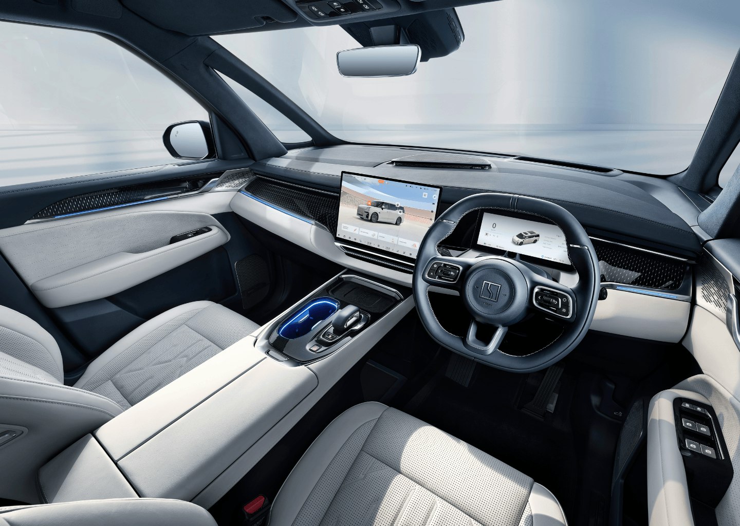 The Zeekr 009’s luxurious interior featuring a modern dashboard, dual OLED screens, and premium seating in a spacious cabin.