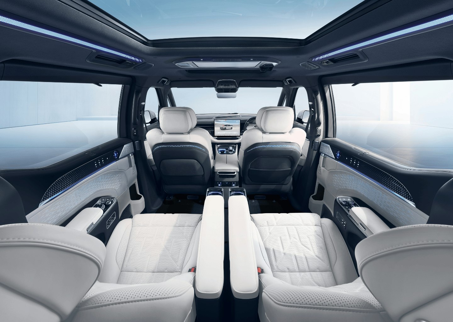 Luxurious Cabin of the Zeekr 009 Interior view of the Zeekr 009 luxury electric MPV showcasing spacious second-row Sofaro First-Class seats, panoramic glass roof, and premium ambient lighting.