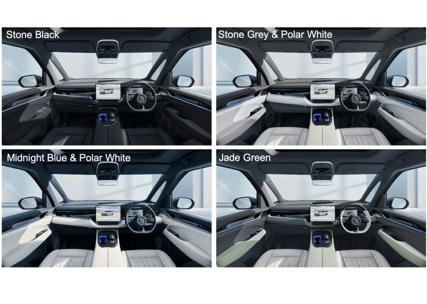 Interior Colour Options of the Zeekr 009 The Zeekr 009 luxury electric MPV offers four interior colour options: Stone Black, Stone Grey & Polar White, Midnight Blue & Polar White, and Jade Green, combining elegance with advanced design.