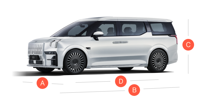 Side view of the Zeekr 009 luxury electric MPV with dimension markers, showcasing its spacious design and bold exterior proportions.