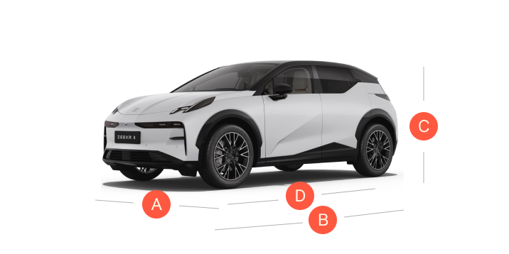 Side view of the Zeekr X electric SUV with dimension markers, showcasing its sleek European design.