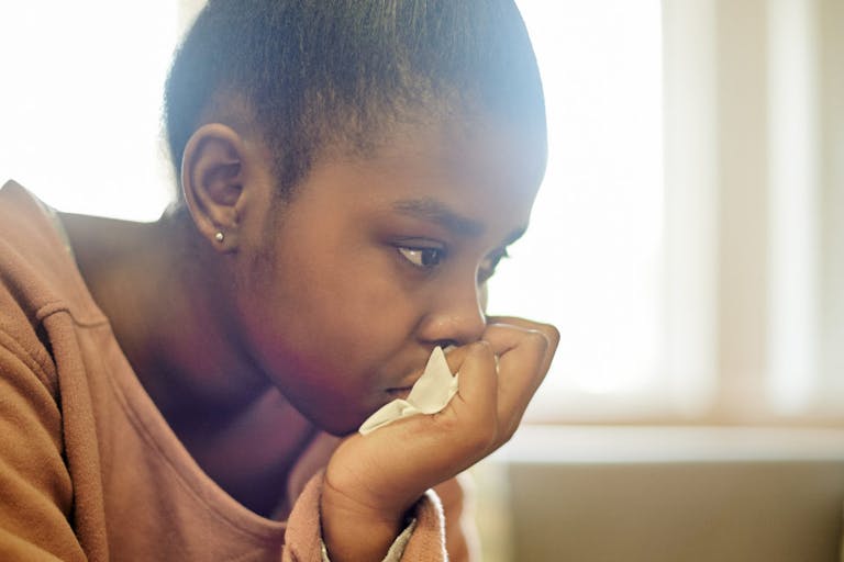 Black girl, teenager and depression with stress, sad adolescent with mental health and trauma counselling. Psychology therapy, anxiety and depressed female teen thinking of problem or unhappy crisis