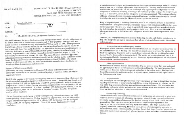 FDA 2000 memo abortion pill and emergency services at emergency rooms FDA 2000 memo abortion pill and emergency services