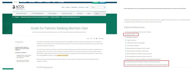 ACOG website refers for abortion promotes Planned Parenthood accessed 050824