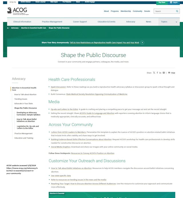 The American College of Obstetricians and Gynecologists’ Shape Public Discourse webpage accessed 05082024 The American College of Obstetricians and Gynecologists' Shape Public Discourse webpage accessed 05082024